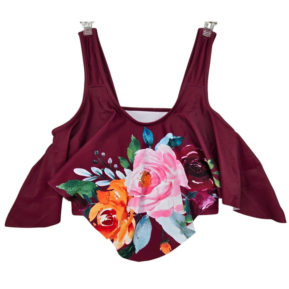 Dressfo NEW MEDIUM Floral Ruffle Flounce Bikini‎ Top Women Burgundy Boho Swim